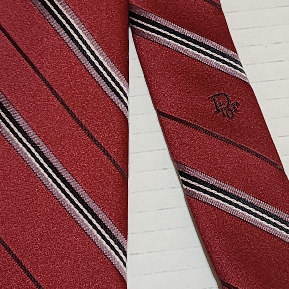 Vintage Christian Dior Mens Tie Stripes 3"x55" Red Grey Logo USA Italy - Picture 4 of 7